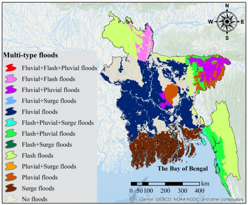 Application of stacking hybrid machine learning algorithms in delineating multi-type flooding in Bangladesh